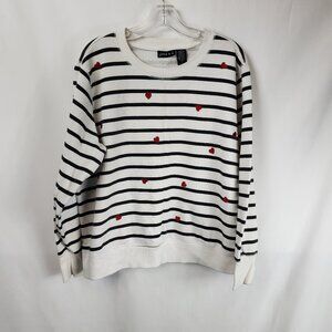 Joei & i Womens White Black Stripe Embroidered Red Heart Sweatershirt Sz XL